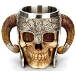 Viking skull beer mug with horns and stainless steel liner