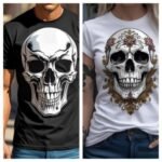 Gothic black mens skull t-shirt and white floral sugar skull tee for women