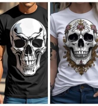 Gothic black mens skull t-shirt and white floral sugar skull tee for women