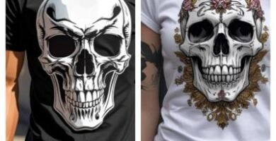 Gothic black mens skull t-shirt and white floral sugar skull tee for women