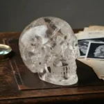 Crystal skull sculpture on a research desk with analysis documents and a magnifying glass