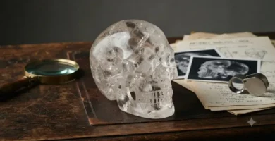 Crystal skull sculpture on a research desk with analysis documents and a magnifying glass