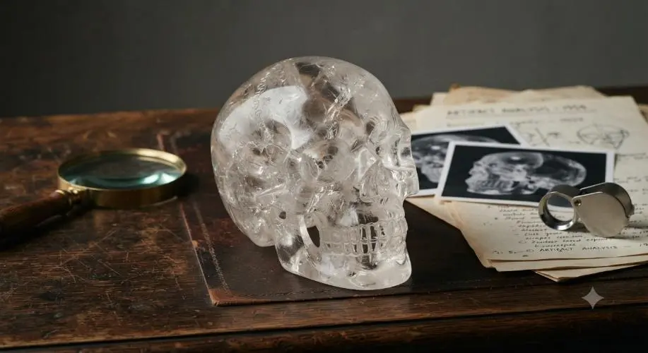Crystal skull sculpture on a research desk with analysis documents and a magnifying glass