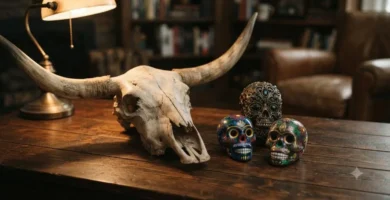 Decorative longhorn skull and colorful sugar skulls on a wooden table