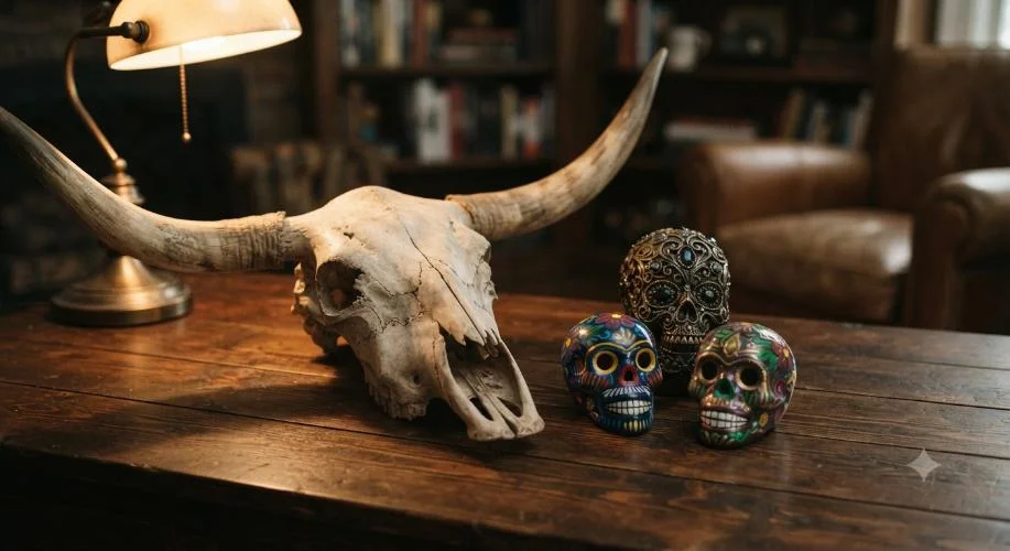 Decorative longhorn skull and colorful sugar skulls on a wooden table