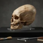 Elongated skull replica displayed on a pedestal with archaeological tools