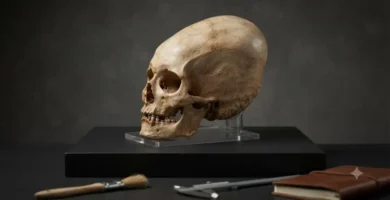 Elongated skull replica displayed on a pedestal with archaeological tools