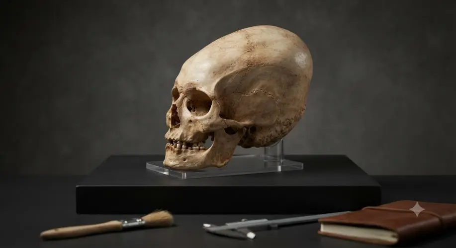 Elongated skull replica displayed on a pedestal with archaeological tools