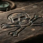 Skull and crossbones carved into weathered wood, evoking pirate ship history
