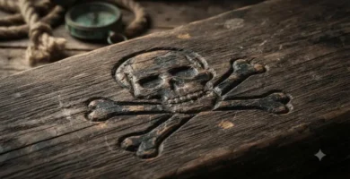 Skull and crossbones carved into weathered wood, evoking pirate ship history