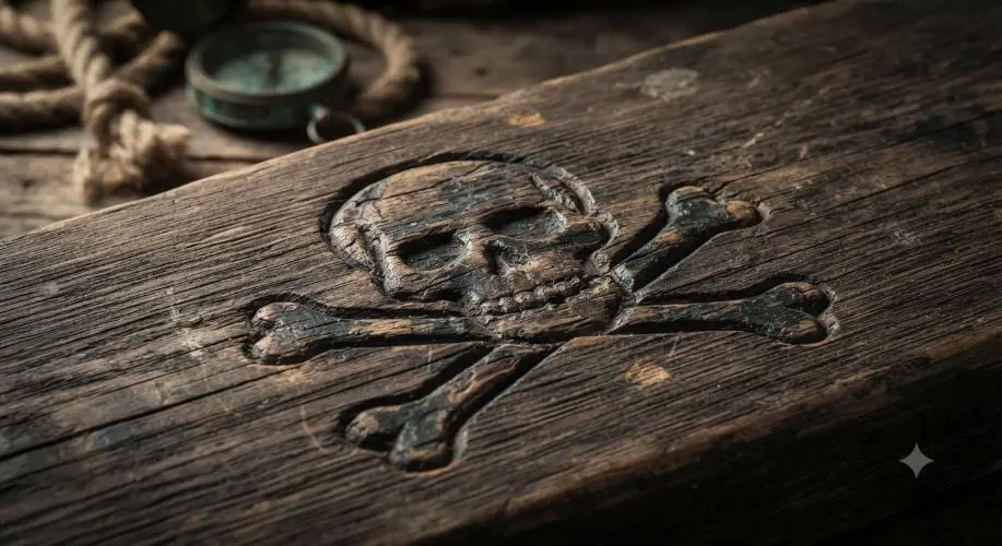 Skull and crossbones carved into weathered wood, evoking pirate ship history