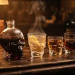 Skull-shaped glasses filled with whiskey and cocktails on a wooden bar counter