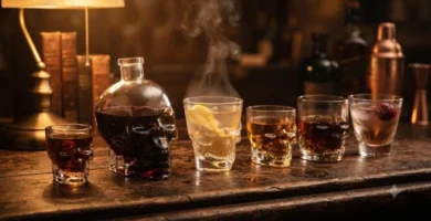 Skull-shaped glasses filled with whiskey and cocktails on a wooden bar counter