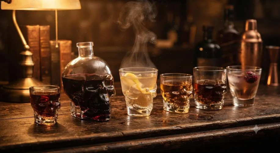 Skull-shaped glasses filled with whiskey and cocktails on a wooden bar counter