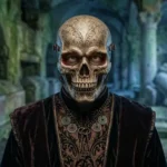 Ornate carved skull mask worn as a gothic costume piece