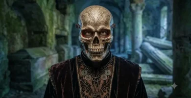 Ornate carved skull mask worn as a gothic costume piece