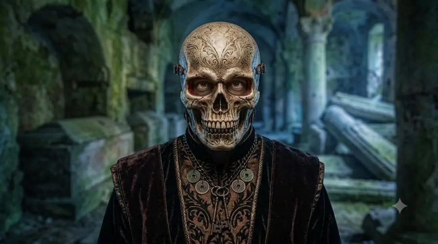 Ornate carved skull mask worn as a gothic costume piece