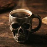 Ceramic skull mug filled with steaming coffee on a wooden table