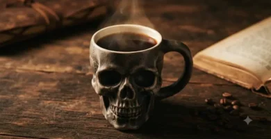 Ceramic skull mug filled with steaming coffee on a wooden table
