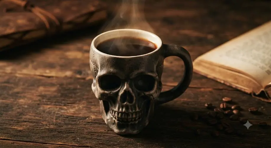 Ceramic skull mug filled with steaming coffee on a wooden table