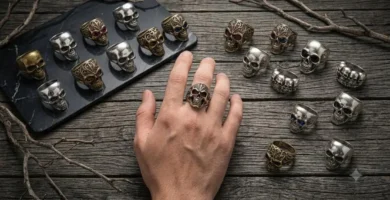 Skull rings collection featuring gothic silver and gold designs with gemstone accents