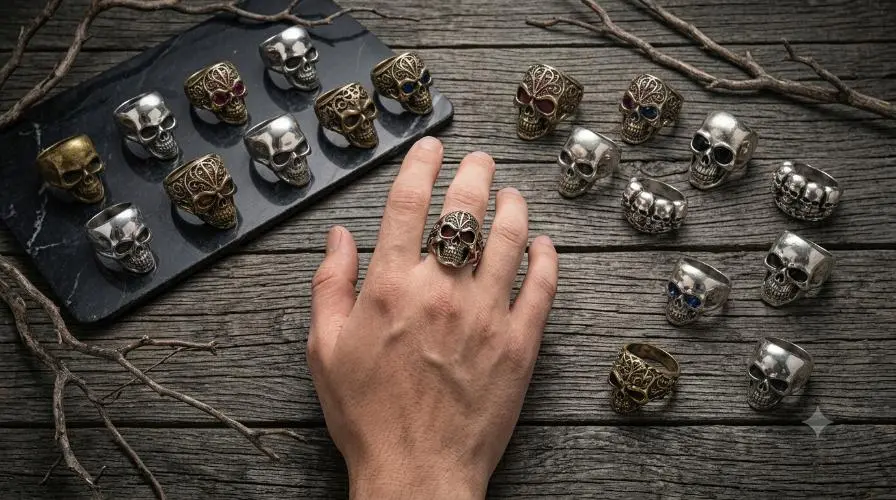 Skull rings collection featuring gothic silver and gold designs with gemstone accents