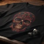 Black t-shirt with an ornate sugar skull graphic design