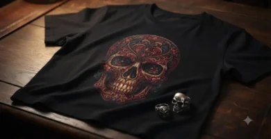 Black t-shirt with an ornate sugar skull graphic design