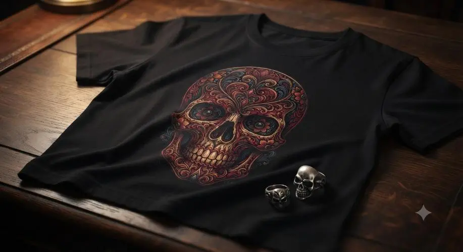 Black t-shirt with an ornate sugar skull graphic design