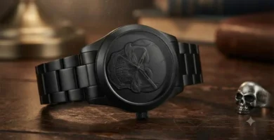 Black stainless steel watch with a skull face design