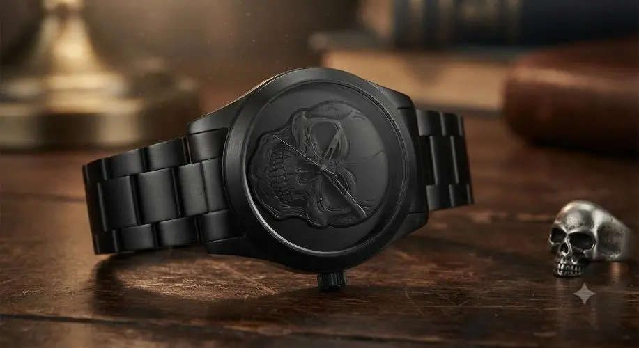 Black stainless steel watch with a skull face design