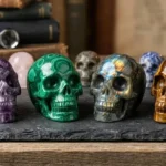 Gemstone skull collection carved from amethyst, malachite, labradorite, and tiger's eye