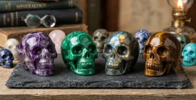 Gemstone skull collection carved from amethyst, malachite, labradorite, and tiger's eye