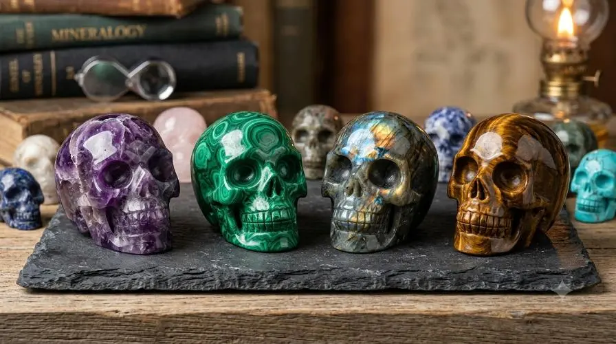 Gemstone skull collection carved from amethyst, malachite, labradorite, and tiger's eye