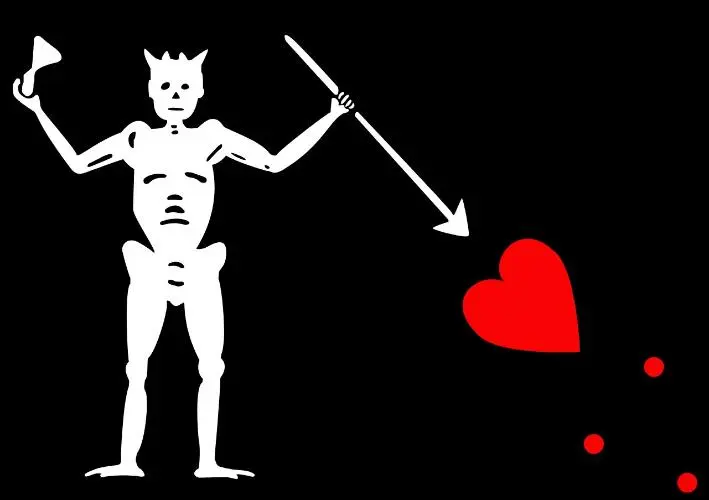 Historical flag design showing a skeleton piercing a heart with a spear