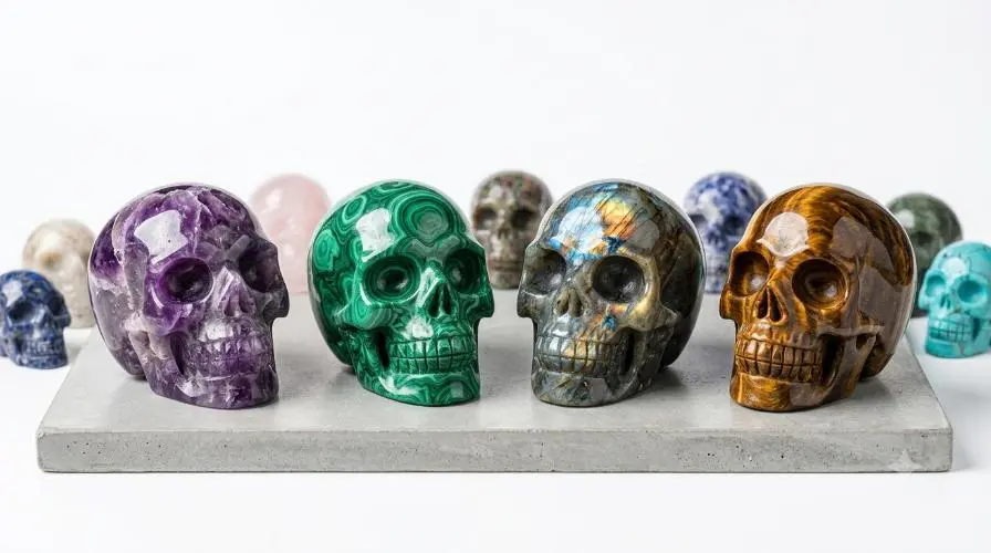 Gemstone skull collection carved from amethyst, malachite, labradorite, and tiger's eye