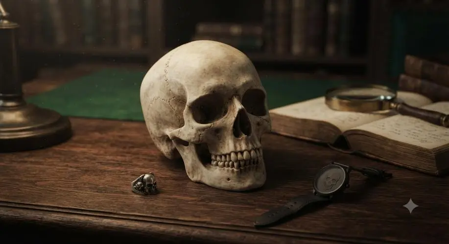 Anatomical skull replica with a skull ring, watch, and magnifying glass on a wooden desk