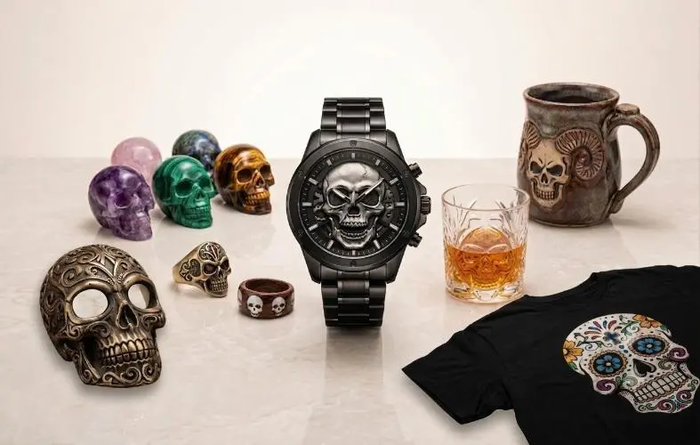 Skull stuff collection featuring gemstone skulls, a skull watch, skull ring, skull mug, and whiskey glass